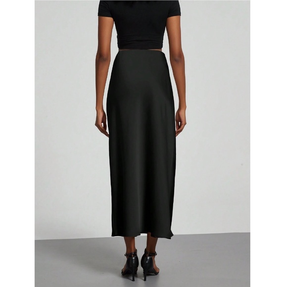 Black Satin A-Line Skirt High Waisted Long - Picture 6 of 12